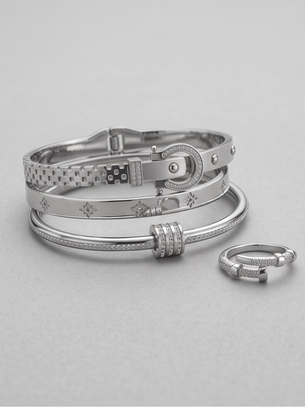 ON SALE 4 Pc Silvery Bangle Stacking & Ring size 7  Set | Stainless Steal